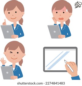 Various facial expressions of women using tablets