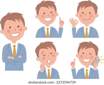 Various facial expressions of young businessmen upper body