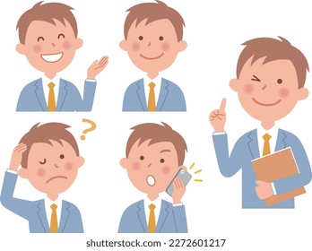 Various facial expressions of young businessmen upper body