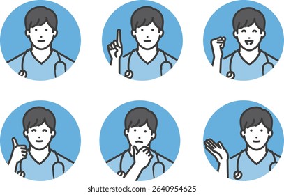 Various facial expressions of a young male doctor