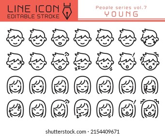 Various Facial Expressions Of The Youth People Vector Icon Set. Editable Line Stroke.