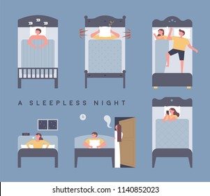 Various factors that can not sleep. flat design style vector graphic illustration set