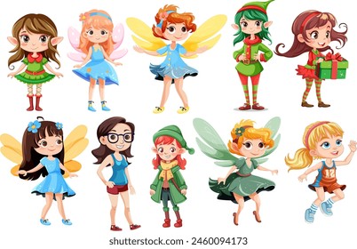 Various fairy girls in diverse outfits and styles