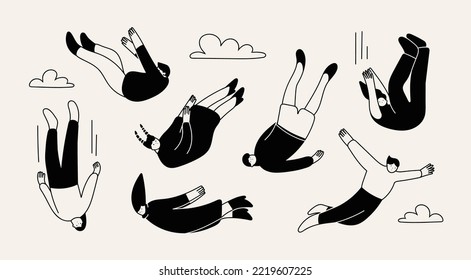 Various falling people. Diverse male and female characters. Hand drawn modern Vector illustration. Flying or falling down abstract people set. Cartoon outline style. All elements are isolated