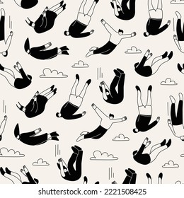 Various falling people. Diverse male and female characters. Hand drawn modern Vector illustration. Flying or falling down abstract people. Cartoon style. Square seamless Pattern, background, wallpaper