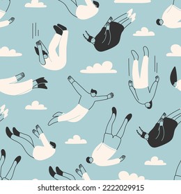 Various falling people. Diverse male and female characters. Hand drawn modern Vector illustration. Flying or falling down abstract people. Cartoon style. Square seamless Pattern, background, wallpaper