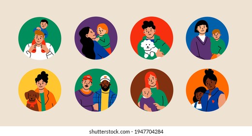 Various Families. Family portraits. Social media Round icons or avatars. Hand drawn colored Vector illustrations. Parents, children, relatives, friends, partners. Togetherness, parenting concept