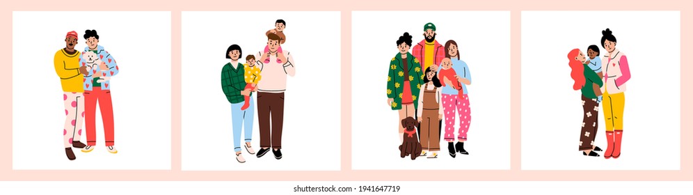 Various Families. Set of family portraits. Poster or card templates. Hand drawn colored Vector illustrations. Parents, children, relatives, friends, partners. Togetherness, parenting concept