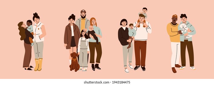 Various Families. Set of family portraits. Group of people standing together. Hand drawn colored Vector illustration. Parents, children, relatives, friends, partners. Togetherness, parenting concept