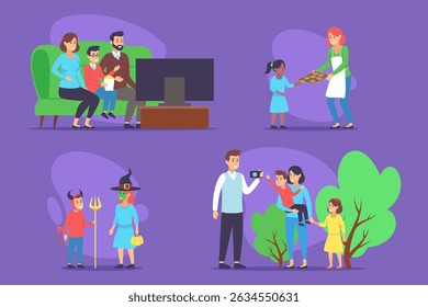Várias atividades familiares com momentos de alegria. Familiares desfrutando de jogos, crianças recebendo delícias e fantasias se divertindo, celebrando juntos em um ambiente vibrante