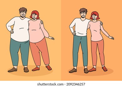 Various family figure state concept. Young smiling fat overweight and slim sporty fit couple standing hugging each other feeling positive vector illustration 