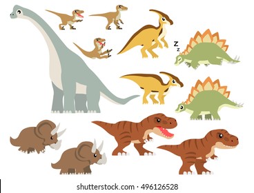 Various famous dinosaurs vector containing Tyrannosaurus Rex, Velociraptor (non-feathered), Triceratops, Stegosaurus, Brachiosaurus, and Parasaurolophus illustration.