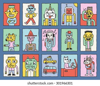 Various Fantastic Funny Characters. Wacky Doodle Color Cards Set 1. Vector Hand Drawn Illustration. 