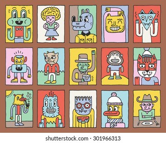 Various Fantastic Funny Characters. Wacky Doodle Color Cards Set 2. Vector Hand Drawn Illustration. 