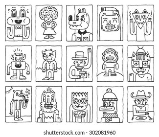 Various Fantastic Funny Characters. Wacky Doodle Cards Set 2. Vector Hand Drawn Illustration. 