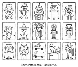 Various Fantastic Funny Characters. Wacky Doodle Cards Set 1. Vector Hand Drawn Illustration. 