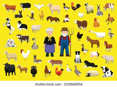 Various Farm Animals Character Cartoon Vector Illustration