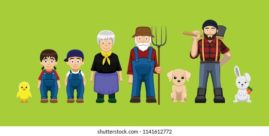 Various Farm Cute Character Cartoon Vector Illustration Set