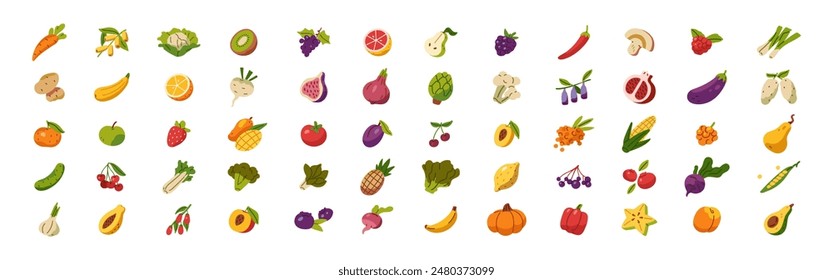 Various farm vegetables and tropical fruit icons set. Different fresh food. Agriculture harvest, crop: apple, orange, tomato, pumpkin, onion. Flat isolated vector illustrations on white background