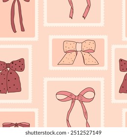Various fashion bows quilted seamless pattern. Pink wrapping band patchwork repeat background. Bowknots retro post stamps endless design. Vector hand drawn flat illustration.