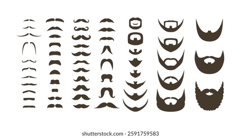 Various fashion style of beard and mustache. Kinds of beard design. Vintage and classic mustache silhouette.