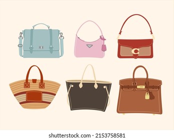 Various fashion woman's bags set. Colorful trendy accessories. Cartoon, flat design, vector illustration. 