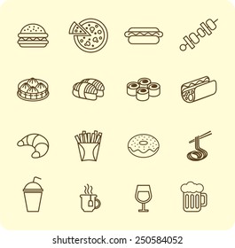 Various fast food and drink icon lined set