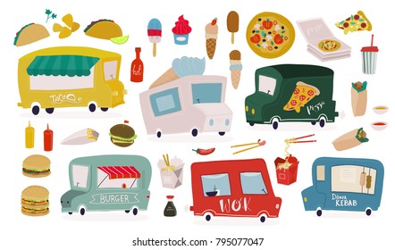 Various fast food and food trucks. Hand drawn big vector set. All elements are isolated