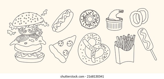 Various fast food. Vector hand drawn illustration. All elements are isolated.