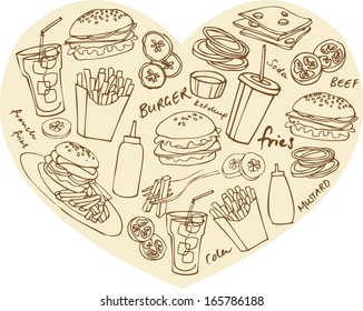Various fast foods arranged in heart shape