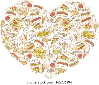 Various fast foods arranged in heart shape