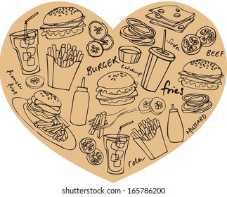 Various fast foods arranged in heart shape