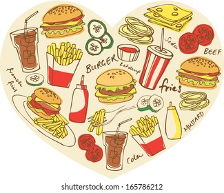 Various fast foods arranged in heart shape