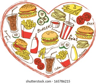 Various fast foods arranged in heart shape