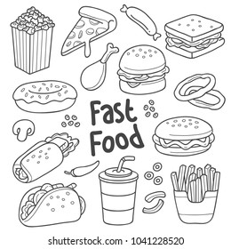 Various fast-food in cartoon doodle style