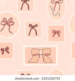 Various fbows quilted seamless pattern. Pink wrapping band patchwork repeat background. Bowknots retro post stamps endless design. Vector hand drawn flat illustration.