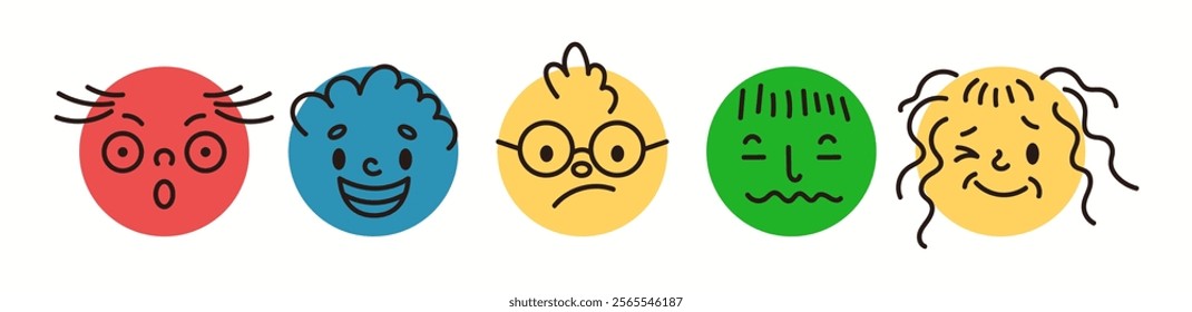 Various feelings funny emojis doodle flat color vector icon set. Online chat emotional reaction sign illustrations pack on white background