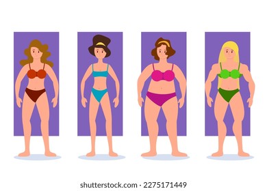 Various female bodies vector illustration set. Skinny, chubby, muscular women in swimsuits or underwear on white background. Body, figure, diversity, fitness, health care concept