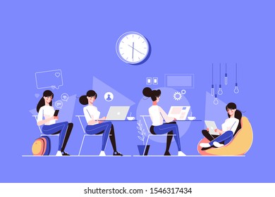 Various female character poses vector illustration. Woman sitting with smarphone and chatting, working and messaging on pc and surfing internet on tablet flat style concept