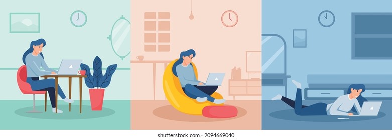 Various female character poses working, browsing, watching etc with laptop vector illustration