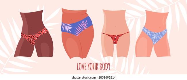 Various Female Figures Of Different Nationalities In Panties. Bodypositive concept. Vector stock illustration.