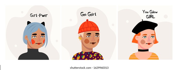 Various female heads. Cards with motivational quotes. Women avatars. Various races and nationalities. Female, Girl power concept Colored hand drawn vector illustrations. Isolated on white