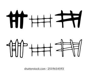 Various fence designs in graphic minimalist style. Black outline in doodle style. Hand drawn graphic illustration. Rustic or themed wooden objects. Line clip art of various Halloween silhouettes.