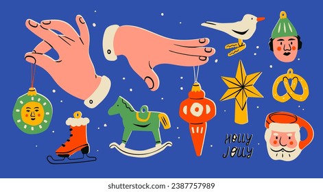 Various Festive Christmas toys. Different tree decorations. Hand holding toy, bird, elf, ice skate, pretzel, rocking horse, star, santa mug. Hand drawn Vector illustration. Isolated design elements