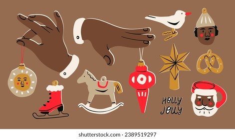 Varios juguetes navideños festivos. Diferentes decoraciones de árboles. Juguete de mano, pájaro, elfo, patinaje sobre hielo, pretzel, caballo mecedor, estrella, santa mug. Ilustración de vectores dibujada a mano. Elementos de diseño aislados