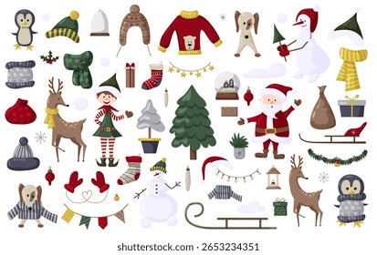 Várias decorações festivas exibem personagens de inverno como Papai Noel, duendes e bonecos de neve entre itens de presente e vestuário. Estes elementos coloridos criam uma atmosfera alegre para festividades de férias.