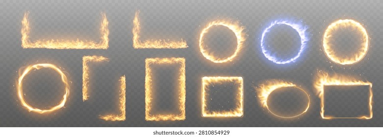 Various fiery shapes providing glowing borders and abstract energy effects on transparent background