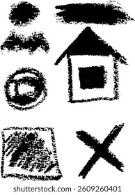Various figures drawn with black pencil using hatching on an isolated background