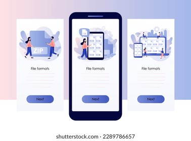 Verschiedene Dateiformate. Erweiterung elektronischer Dokumente. Dateityp: jpg, pdf, doc, zip, gif, csv, xls, ppt, png. Bildschirmvorlage für mobile Smartphone-App. Moderner, flacher Cartoon-Stil. Vektorgrafik