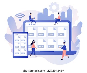 Various file formats in smartphone or laptop. Extension of electronic documents. File type: jpg, pdf, doc,  zip, gif, csv, xls, ppt, png. Modern flat cartoon style. Vector illustration 
